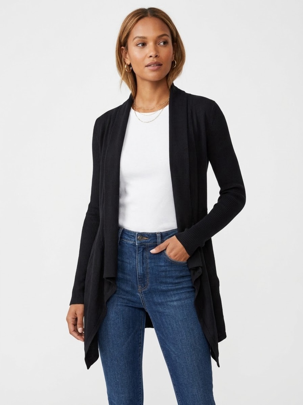 White House Black Market Black Draped Open Front Ribbed Cardigan Size XS